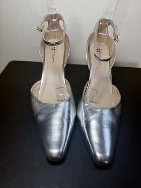 Metallic Silver Pointed-Toe Ankle-Strap Heels